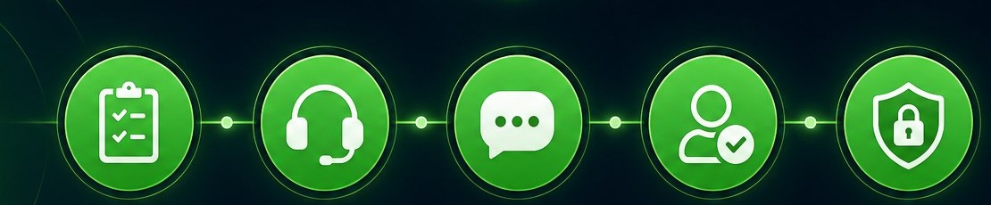 Five connected icons summarizing the BetPro ID support process