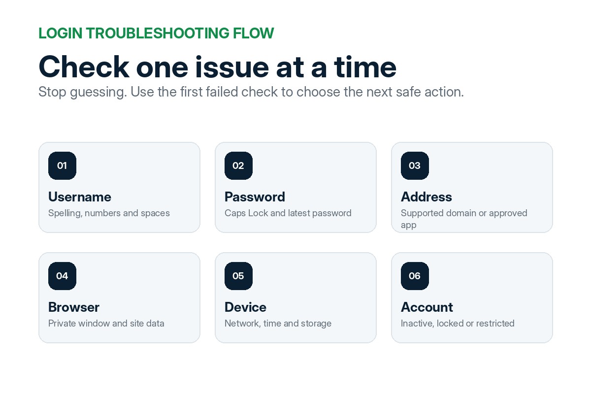 BetPro ID login troubleshooting flow checking username, password, address, browser, network and account status