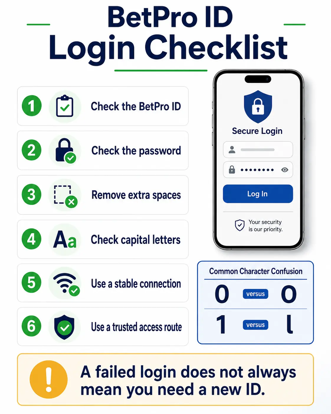 Checklist for logging in with an existing BetPro ID