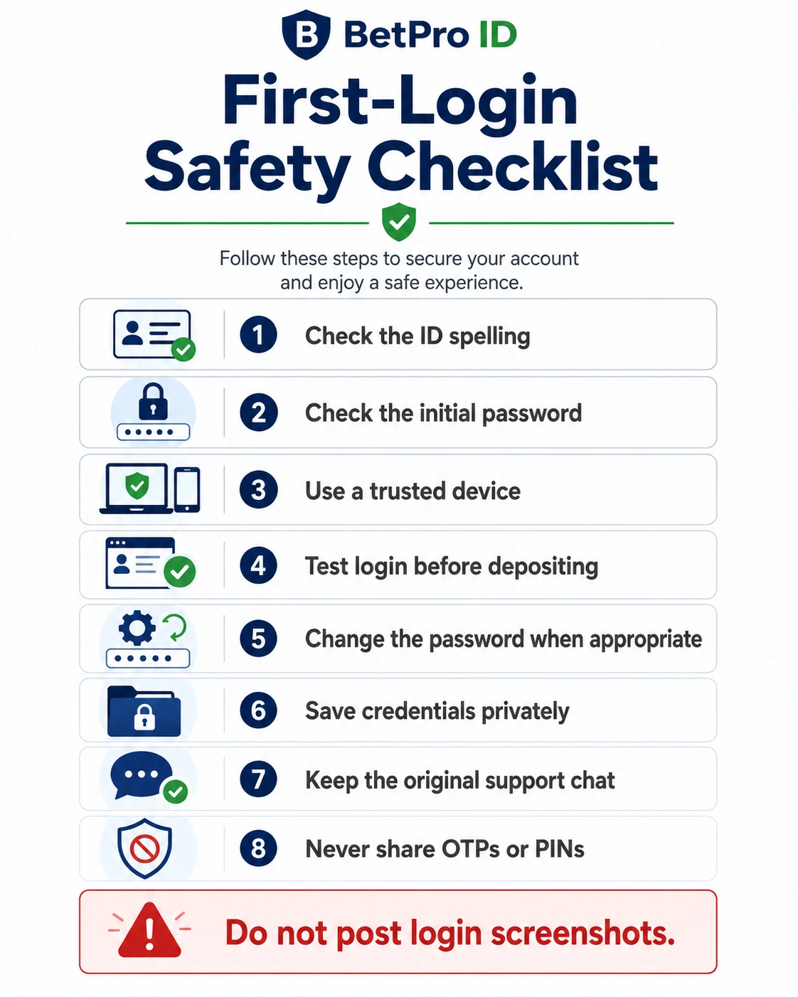 Safety checklist after receiving a new BetPro ID